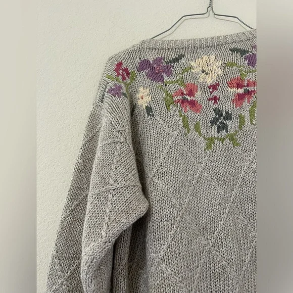 Vintage L.L. Bean Floral Knit Women's Sweater Tan/pink Button Up Cotton Ramie S - Picture 10 of 11